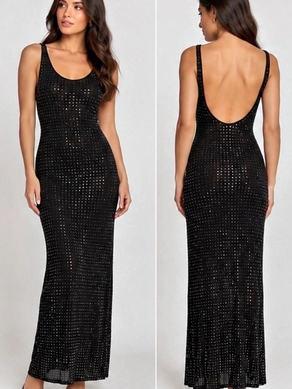 MESHKI Pam Square Diamante Maxi Dress Black – Size XS – Rhinestone Open Back Gow